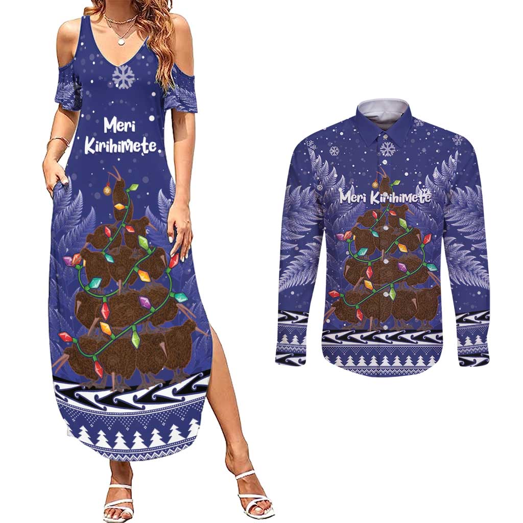 Kiwi New Zealand Christmas Couples Matching Summer Maxi Dress and Long Sleeve Button Shirt Meri Kirihimete Silver Fern - Blue Color