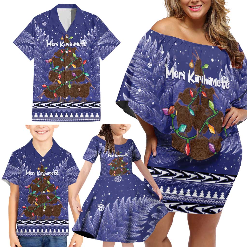 Kiwi New Zealand Christmas Family Matching Off Shoulder Short Dress and Hawaiian Shirt Meri Kirihimete Silver Fern - Blue Color