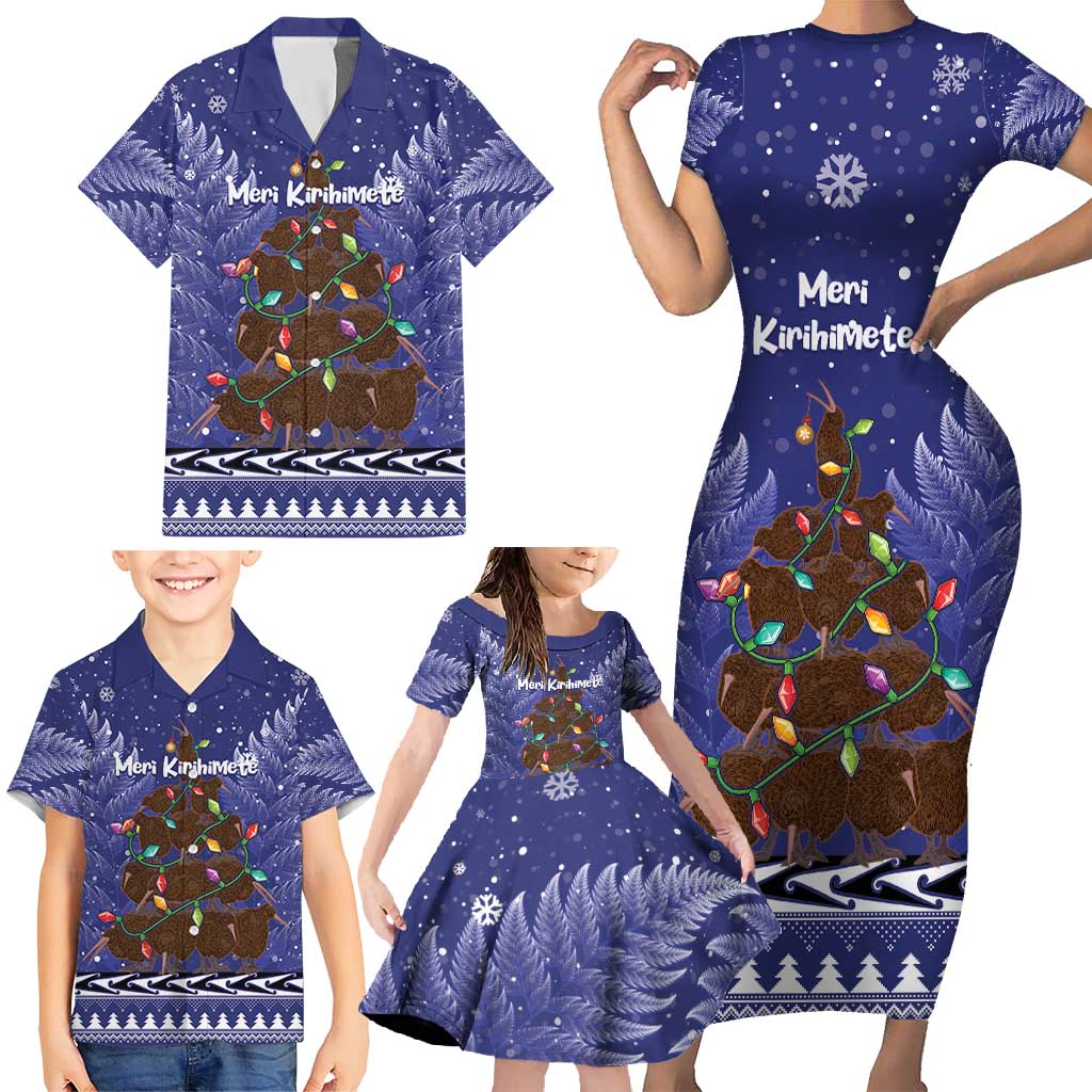 Kiwi New Zealand Christmas Family Matching Short Sleeve Bodycon Dress and Hawaiian Shirt Meri Kirihimete Silver Fern - Blue Color