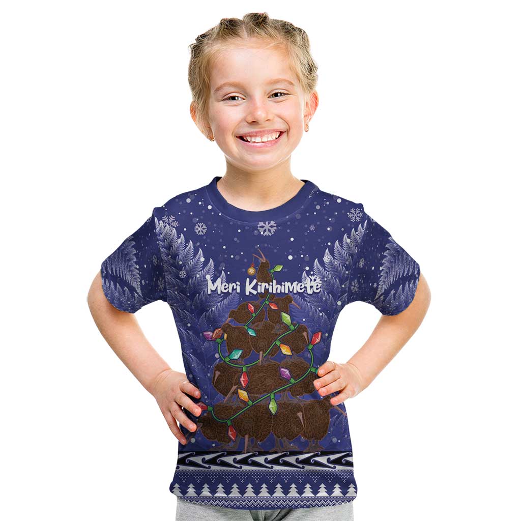 Kiwi New Zealand Christmas Kid T Shirt Meri Kirihimete Silver Fern - Blue Color