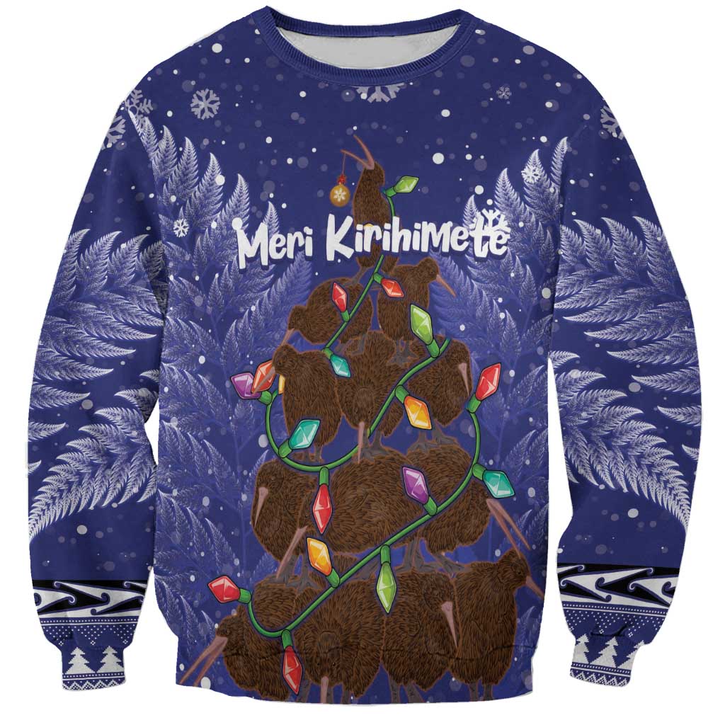 Kiwi New Zealand Christmas Sweatshirt Meri Kirihimete Silver Fern - Blue Color