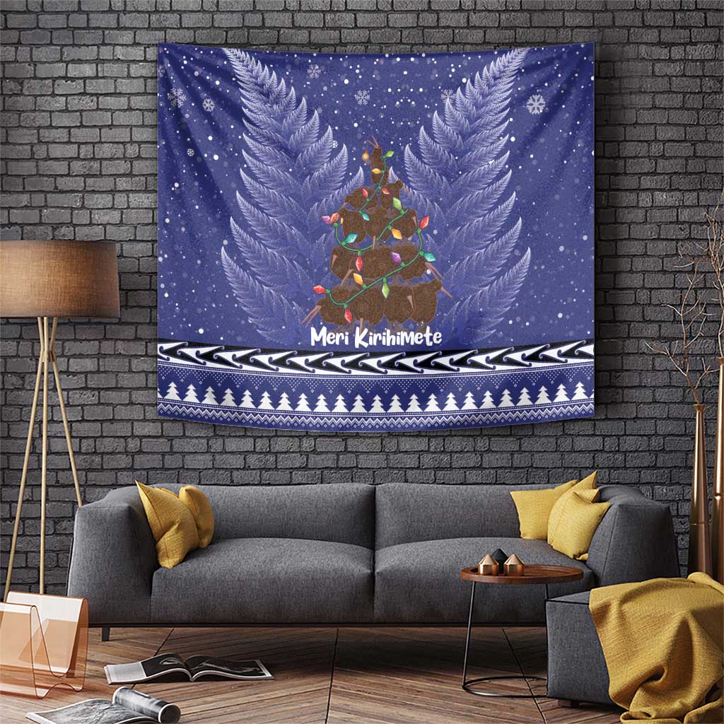 Kiwi New Zealand Christmas Tapestry Meri Kirihimete Silver Fern - Blue Color