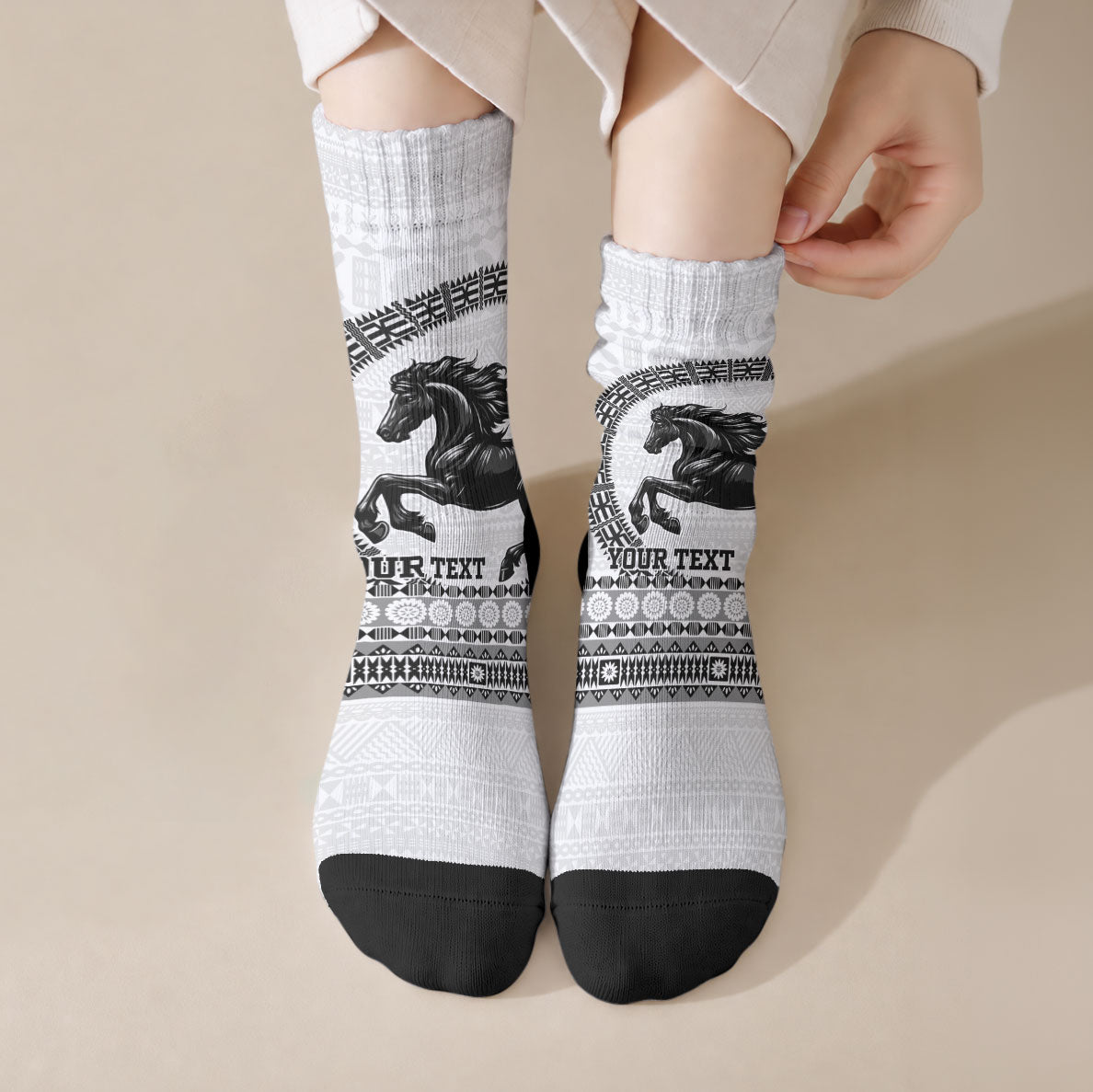Fiji Nadroga Rugby Personalised Crew Socks Go Stallions Fijian Tapa LT14 Crew Socks White - Polynesian Pride