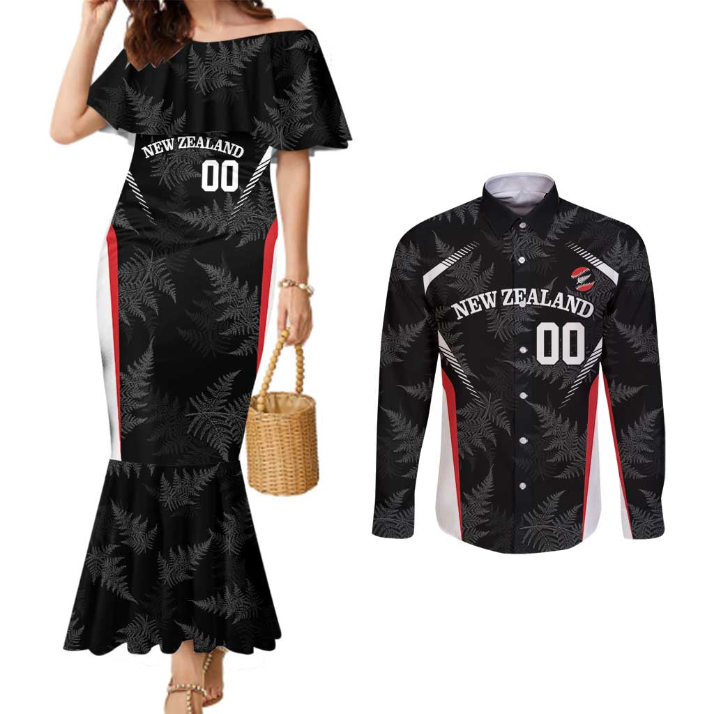 Custom New Zealand Silver Fern Softball Couples Matching Mermaid Dress and Long Sleeve Button Shirt Go Aotearoa LT14 Black - Polynesian Pride