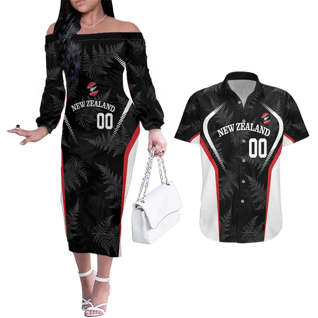 Custom New Zealand Silver Fern Softball Couples Matching Off The Shoulder Long Sleeve Dress and Hawaiian Shirt Go Aotearoa LT14 Black - Polynesian Pride