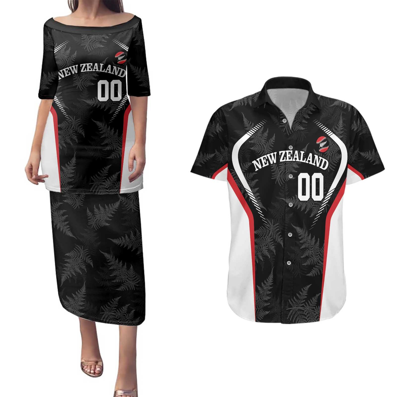 Custom New Zealand Silver Fern Softball Couples Matching Puletasi and Hawaiian Shirt Go Aotearoa LT14 Black - Polynesian Pride