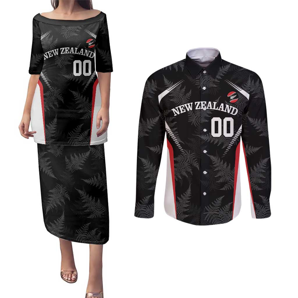 Custom New Zealand Silver Fern Softball Couples Matching Puletasi and Long Sleeve Button Shirt Go Aotearoa LT14 Black - Polynesian Pride