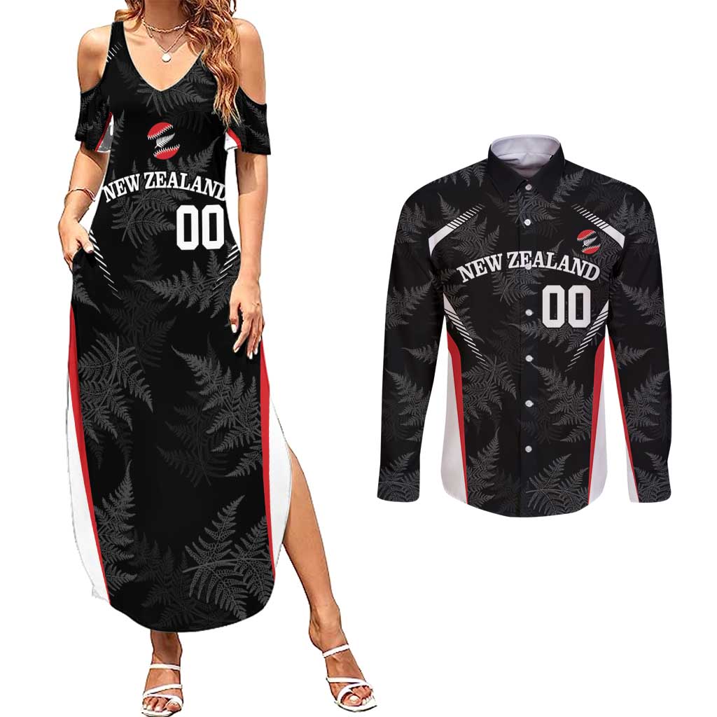 Custom New Zealand Silver Fern Softball Couples Matching Summer Maxi Dress and Long Sleeve Button Shirt Go Aotearoa LT14 Black - Polynesian Pride