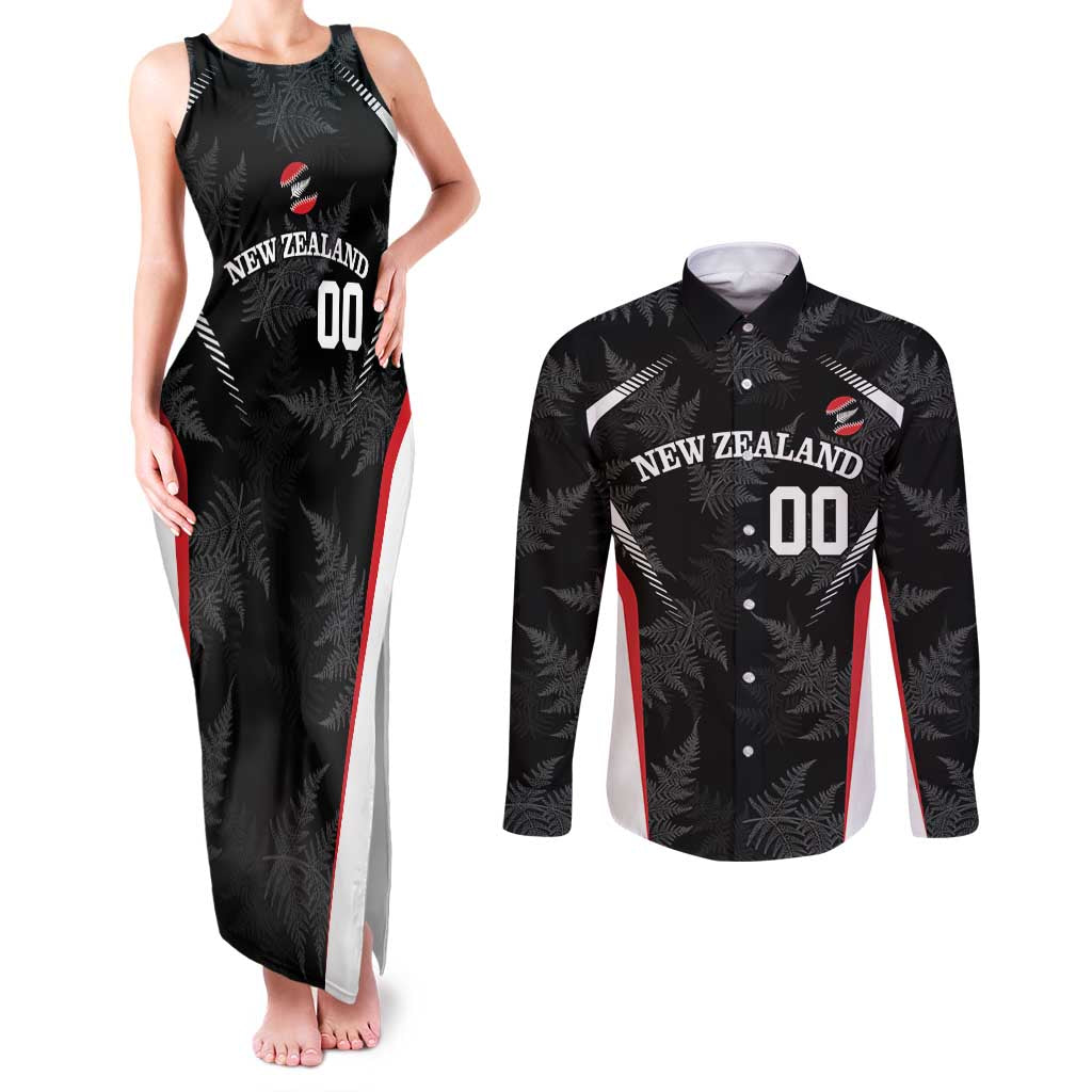 Custom New Zealand Silver Fern Softball Couples Matching Tank Maxi Dress and Long Sleeve Button Shirt Go Aotearoa LT14 Black - Polynesian Pride