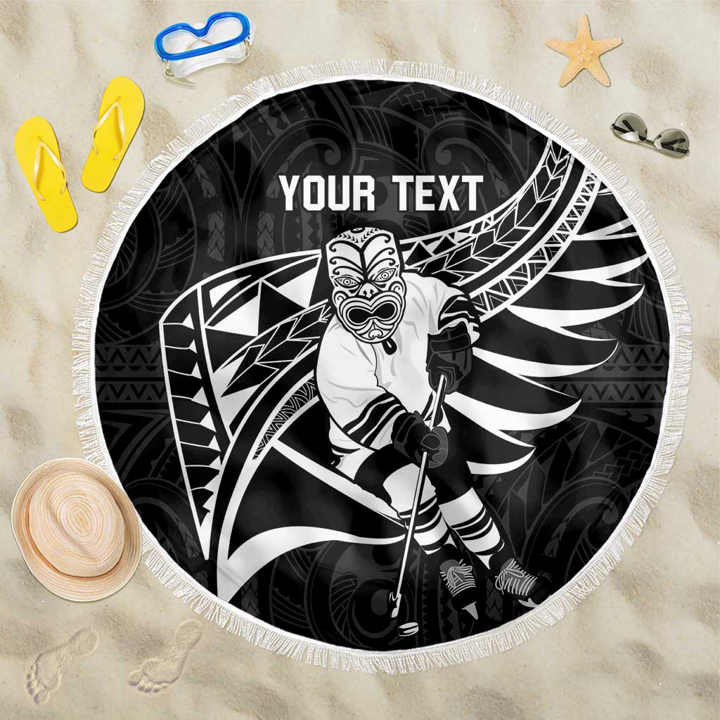 Custom Aotearoa Ice Hockey Beach Blanket NZ Tiki Mascot - Maori Pattern LT14 One Size 150cm Black - Polynesian Pride
