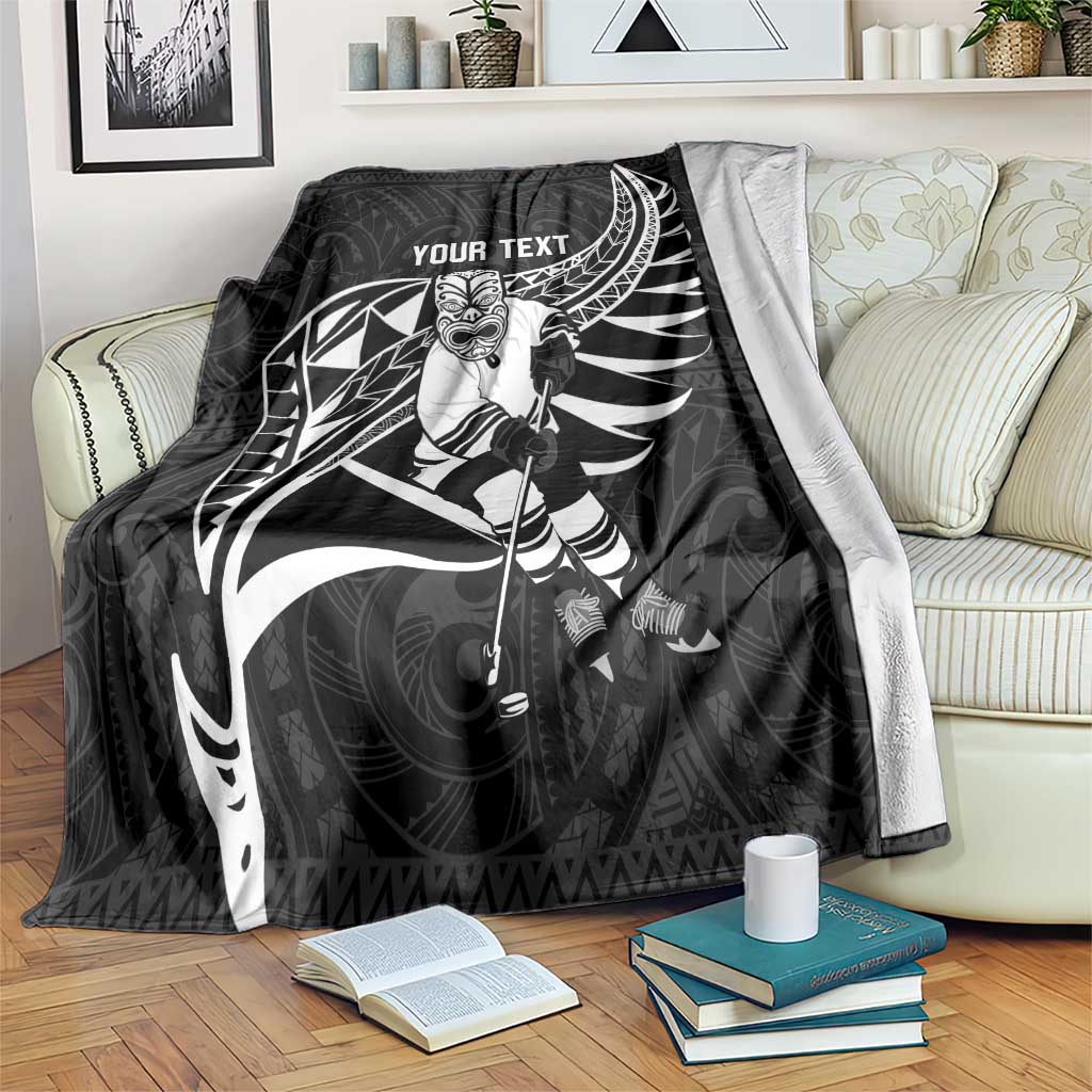 Custom Aotearoa Ice Hockey Blanket NZ Tiki Mascot - Maori Pattern LT14 Black - Polynesian Pride
