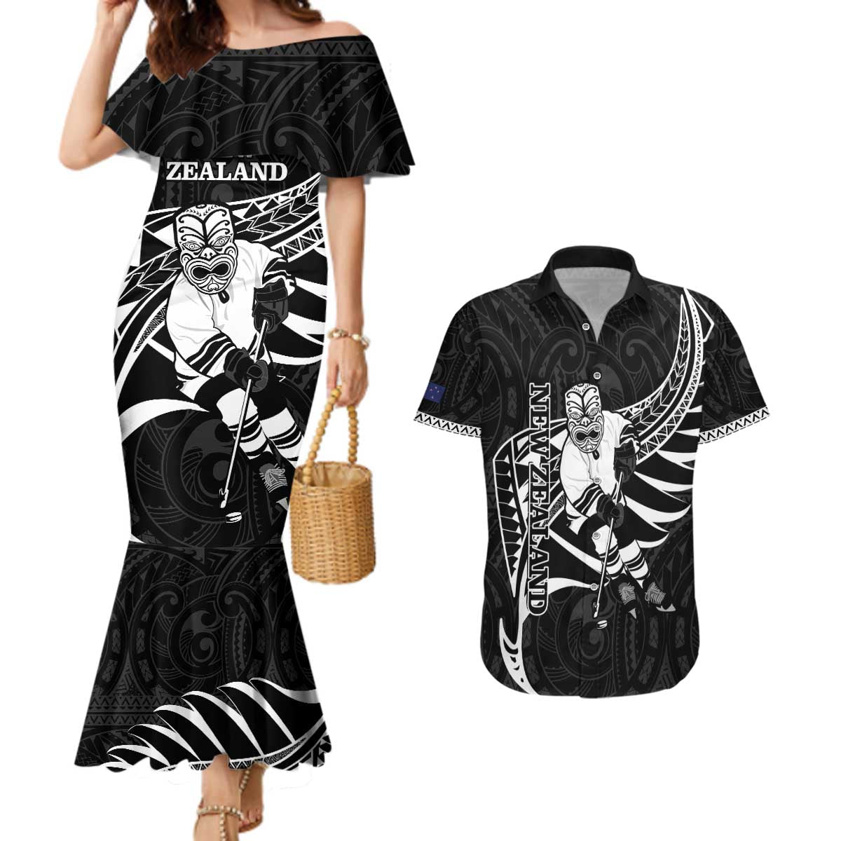 Custom Aotearoa Ice Hockey Couples Matching Mermaid Dress and Hawaiian Shirt NZ Tiki Mascot - Maori Pattern