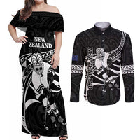 Custom Aotearoa Ice Hockey Couples Matching Off Shoulder Maxi Dress and Long Sleeve Button Shirt NZ Tiki Mascot - Maori Pattern LT14 Black - Polynesian Pride