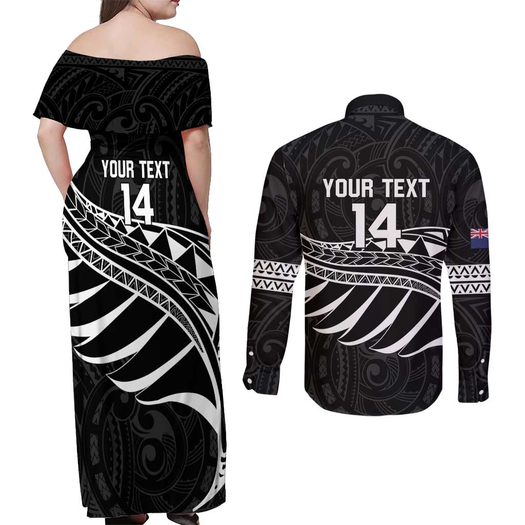 Custom Aotearoa Ice Hockey Couples Matching Off Shoulder Maxi Dress and Long Sleeve Button Shirt NZ Tiki Mascot - Maori Pattern LT14 - Polynesian Pride