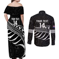 Custom Aotearoa Ice Hockey Couples Matching Off Shoulder Maxi Dress and Long Sleeve Button Shirt NZ Tiki Mascot - Maori Pattern LT14 - Polynesian Pride
