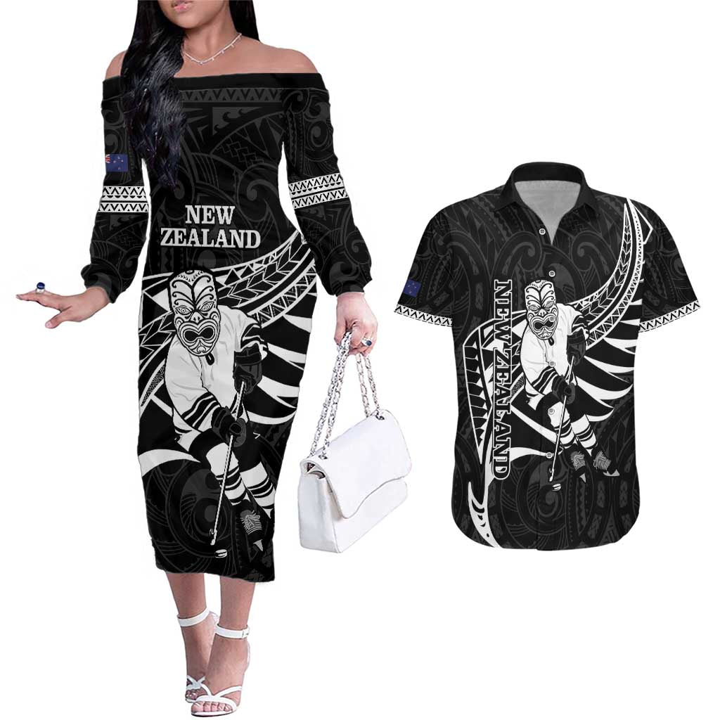 Custom Aotearoa Ice Hockey Couples Matching Off The Shoulder Long Sleeve Dress and Hawaiian Shirt NZ Tiki Mascot - Maori Pattern