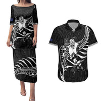 Custom Aotearoa Ice Hockey Couples Matching Puletasi and Hawaiian Shirt NZ Tiki Mascot - Maori Pattern LT14 Black - Polynesian Pride