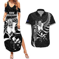 Custom Aotearoa Ice Hockey Couples Matching Summer Maxi Dress and Hawaiian Shirt NZ Tiki Mascot - Maori Pattern LT14 Black - Polynesian Pride