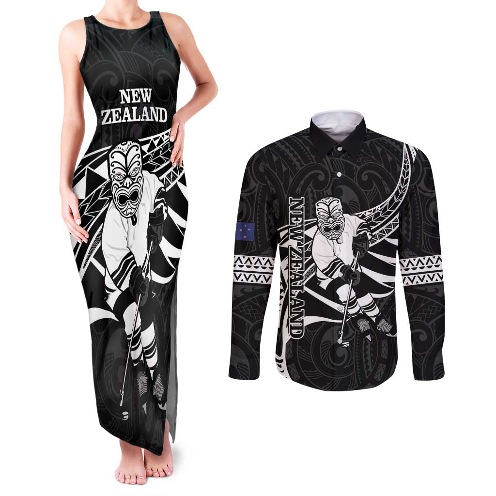 Custom Aotearoa Ice Hockey Couples Matching Tank Maxi Dress and Long Sleeve Button Shirt NZ Tiki Mascot - Maori Pattern LT14 Black - Polynesian Pride
