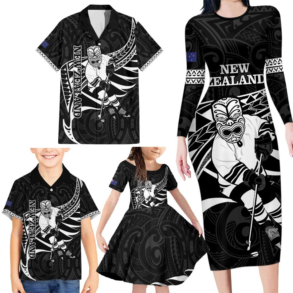 Custom Aotearoa Ice Hockey Family Matching Long Sleeve Bodycon Dress and Hawaiian Shirt NZ Tiki Mascot - Maori Pattern