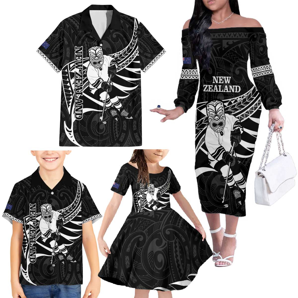 Custom Aotearoa Ice Hockey Family Matching Off The Shoulder Long Sleeve Dress and Hawaiian Shirt NZ Tiki Mascot - Maori Pattern