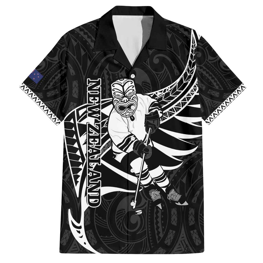 Custom Aotearoa Ice Hockey Hawaiian Shirt NZ Tiki Mascot - Maori Pattern LT14 Black - Polynesian Pride
