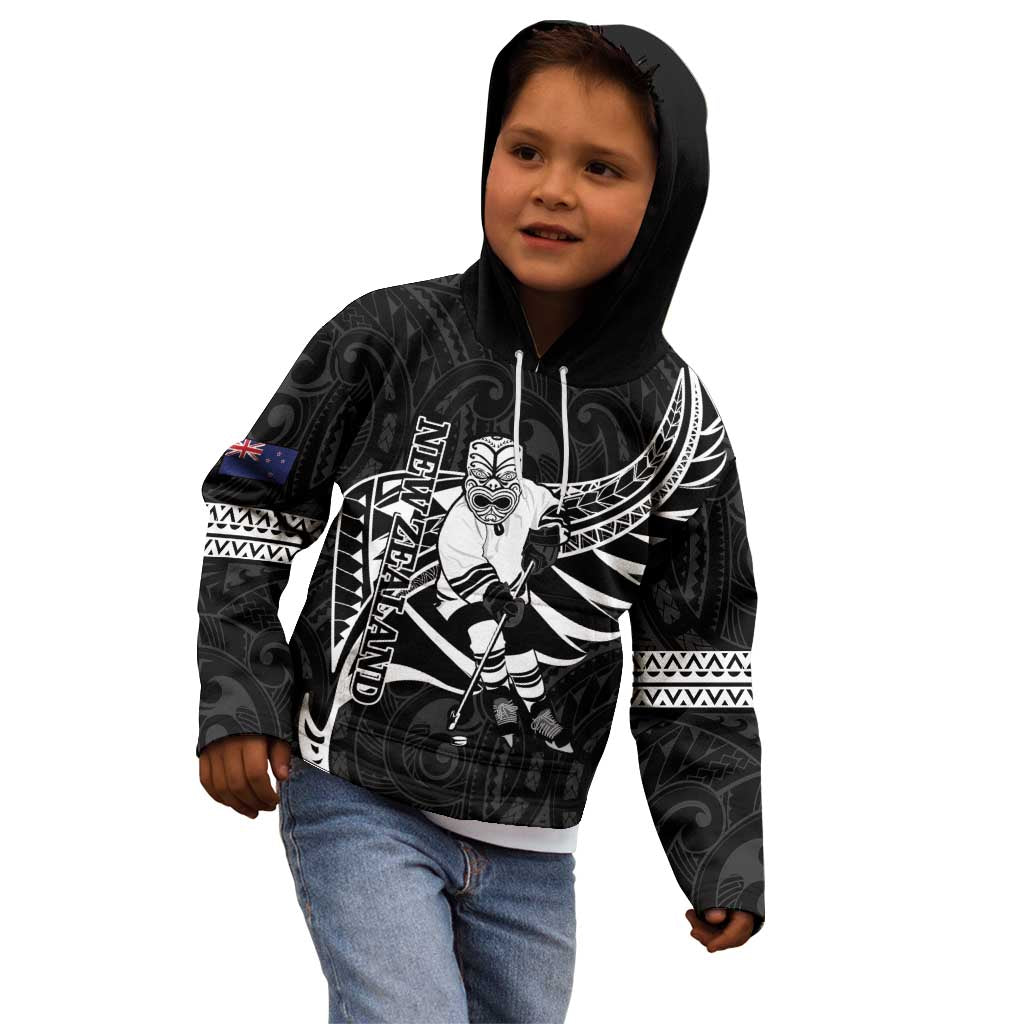Custom Aotearoa Ice Hockey Kid Hoodie NZ Tiki Mascot - Maori Pattern