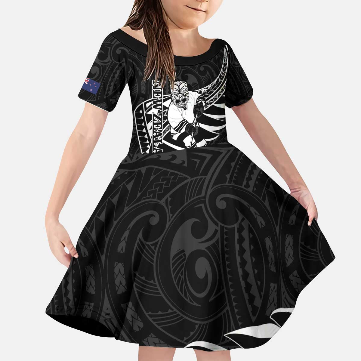 Custom Aotearoa Ice Hockey Kid Short Sleeve Dress NZ Tiki Mascot - Maori Pattern