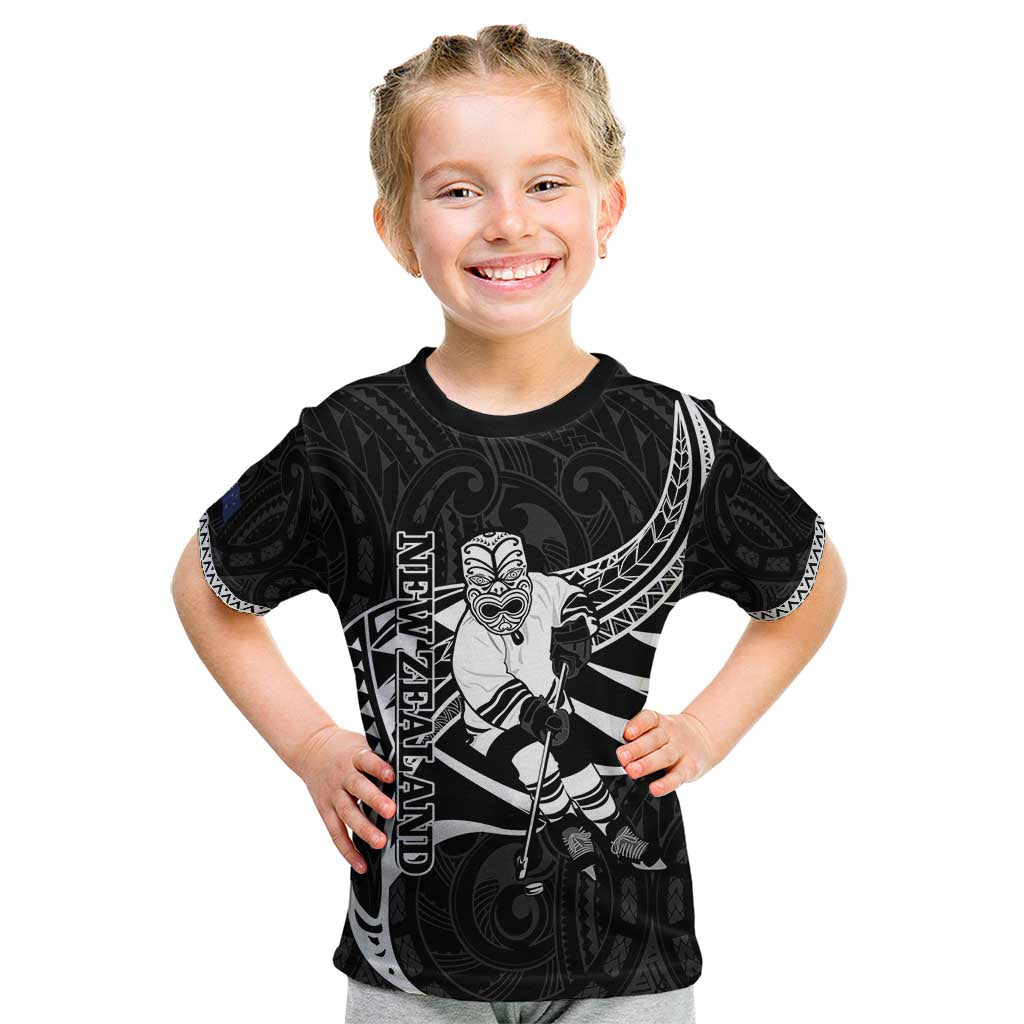 Custom Aotearoa Ice Hockey Kid T Shirt NZ Tiki Mascot - Maori Pattern
