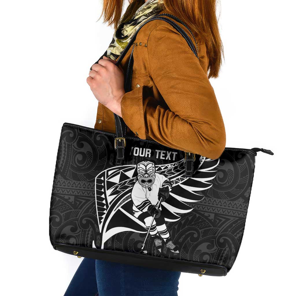 Custom Aotearoa Ice Hockey Leather Tote Bag NZ Tiki Mascot - Maori Pattern