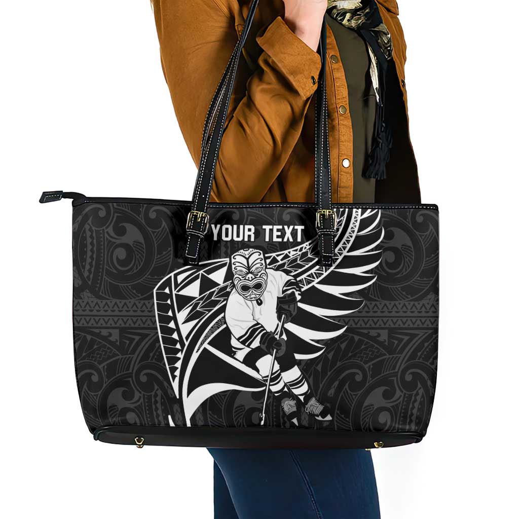 Custom Aotearoa Ice Hockey Leather Tote Bag NZ Tiki Mascot - Maori Pattern LT14 - Polynesian Pride