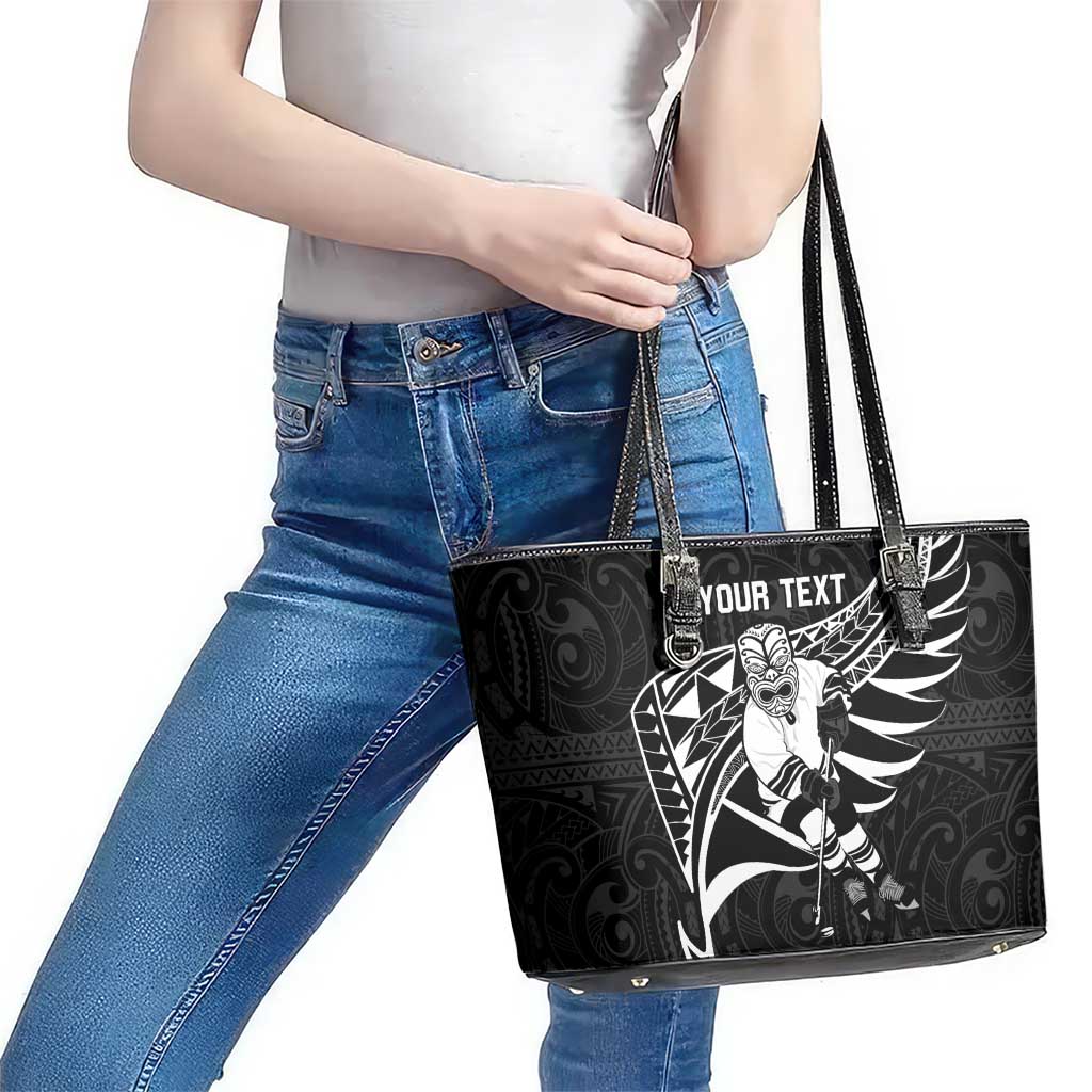 Custom Aotearoa Ice Hockey Leather Tote Bag NZ Tiki Mascot - Maori Pattern LT14 - Polynesian Pride