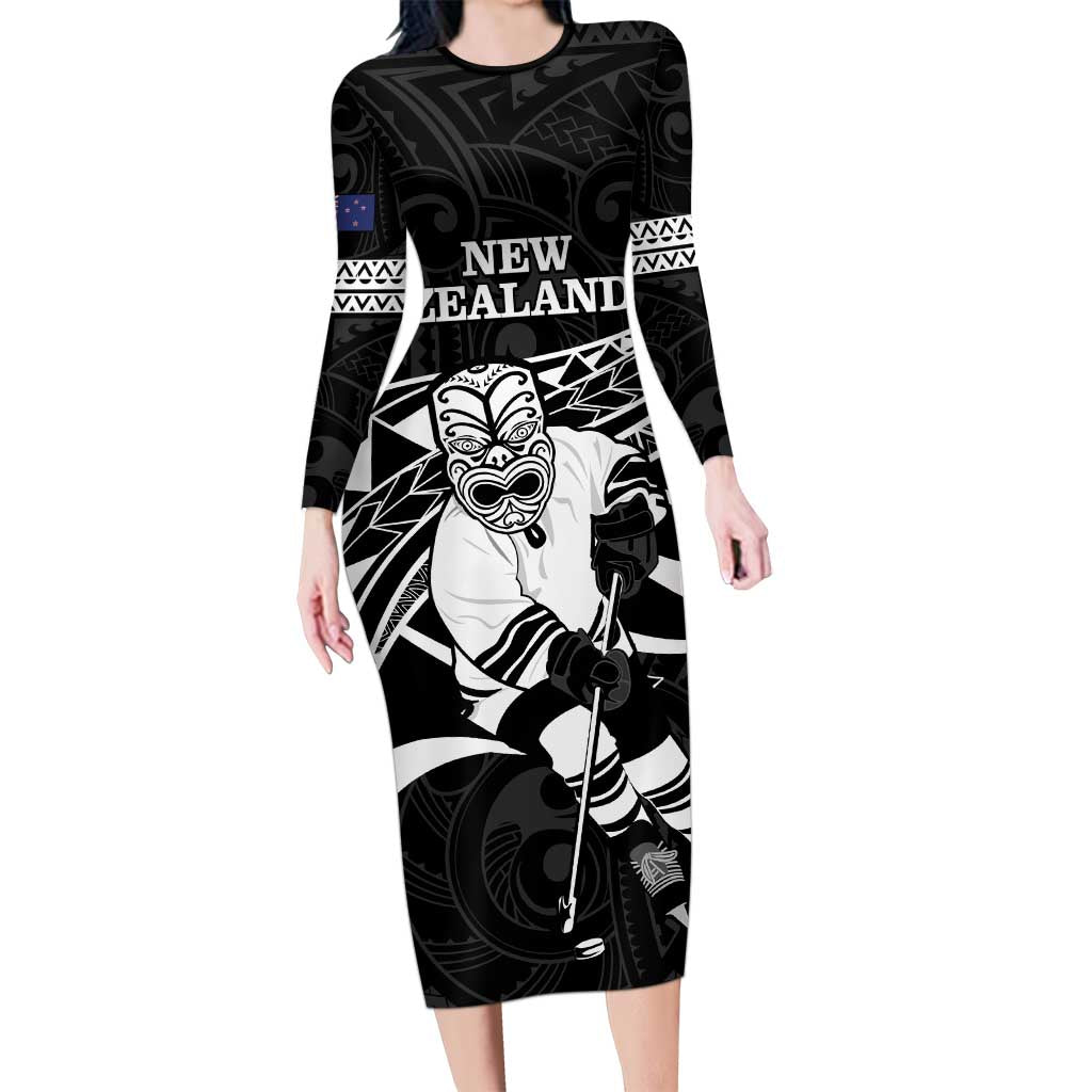 Custom Aotearoa Ice Hockey Long Sleeve Bodycon Dress NZ Tiki Mascot - Maori Pattern