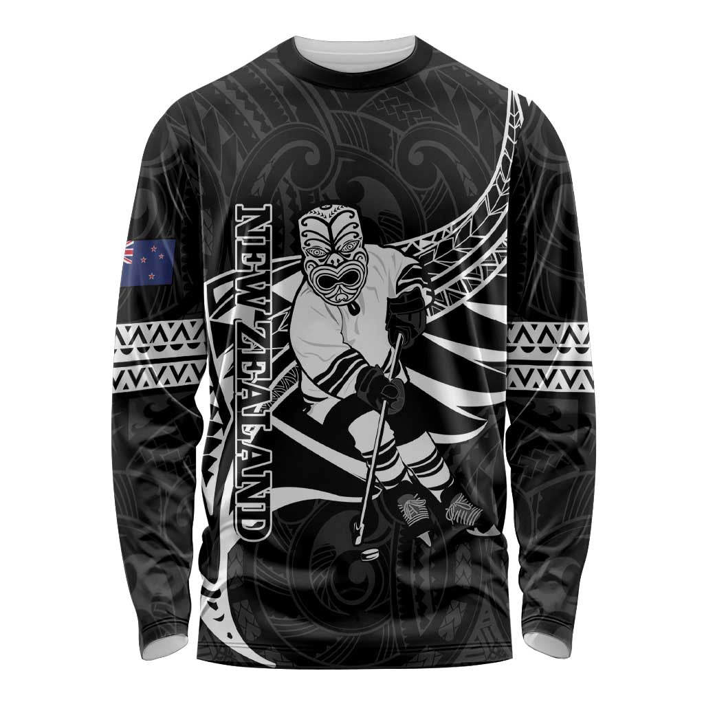 Custom Aotearoa Ice Hockey Long Sleeve Shirt NZ Tiki Mascot - Maori Pattern