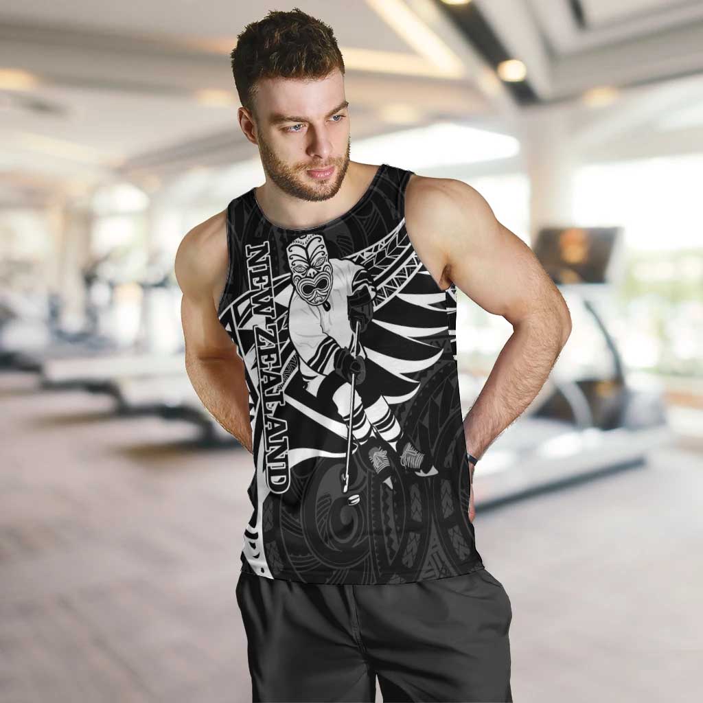 Custom Aotearoa Ice Hockey Men Tank Top NZ Tiki Mascot - Maori Pattern LT14 Black - Polynesian Pride