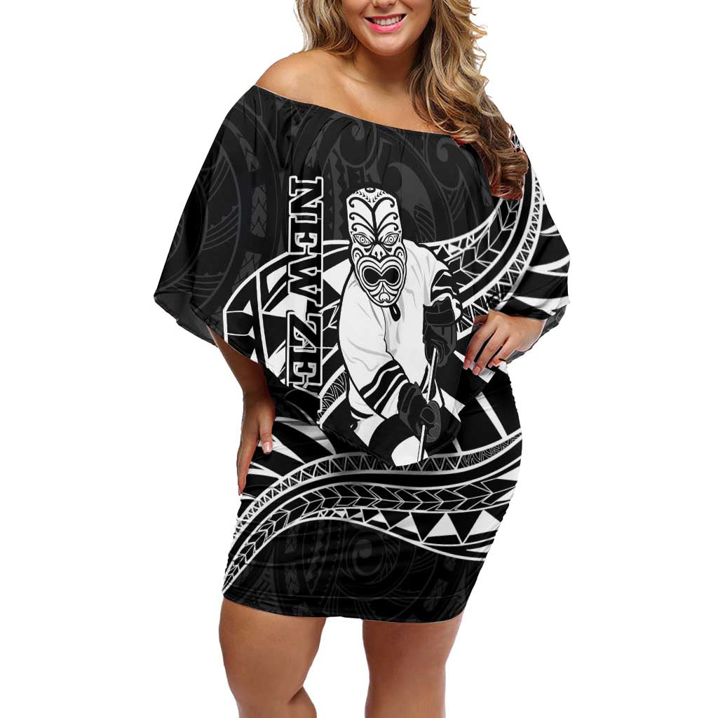 Custom Aotearoa Ice Hockey Off Shoulder Short Dress NZ Tiki Mascot - Maori Pattern LT14 Women Black - Polynesian Pride