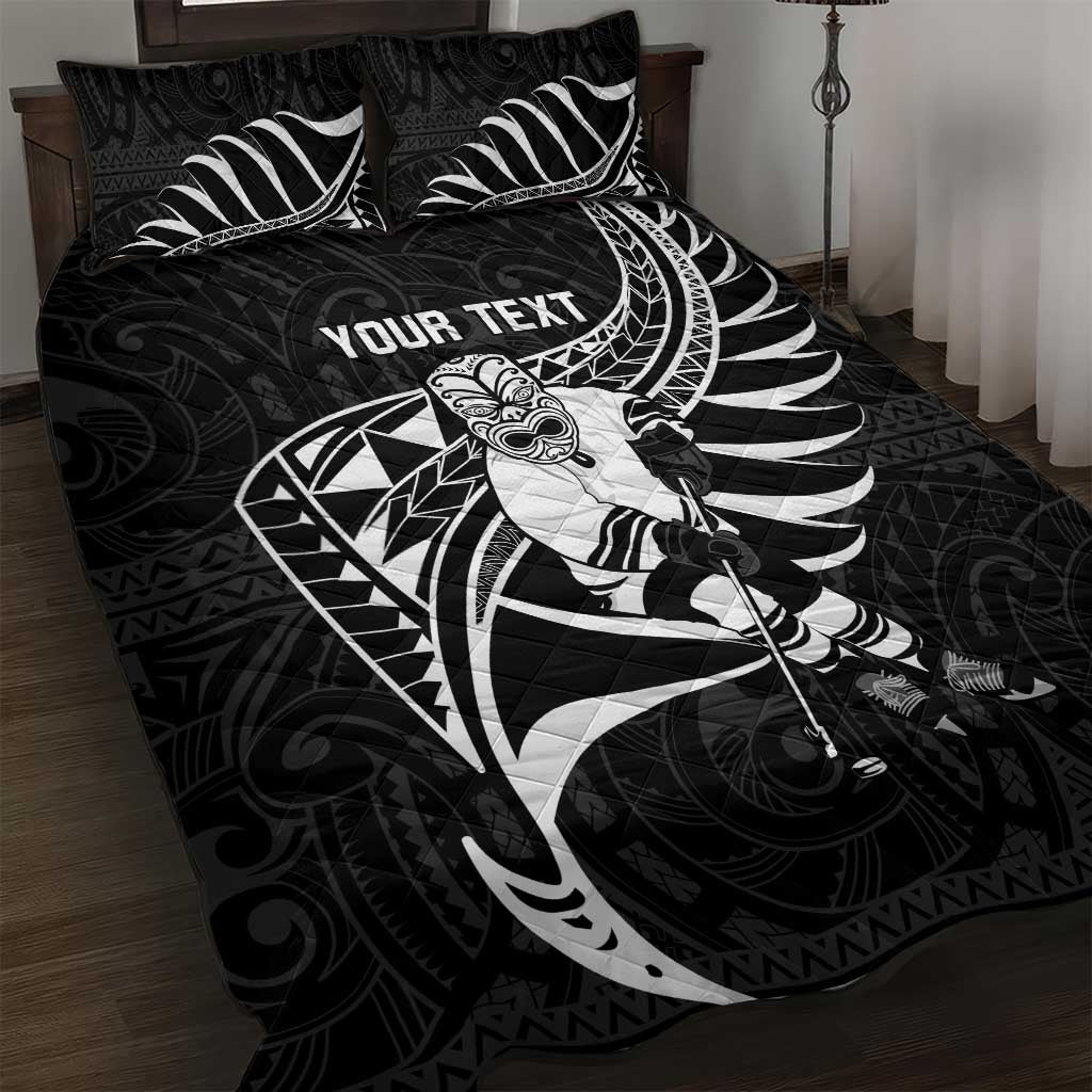 Custom Aotearoa Ice Hockey Quilt Bed Set NZ Tiki Mascot - Maori Pattern LT14 Black - Polynesian Pride