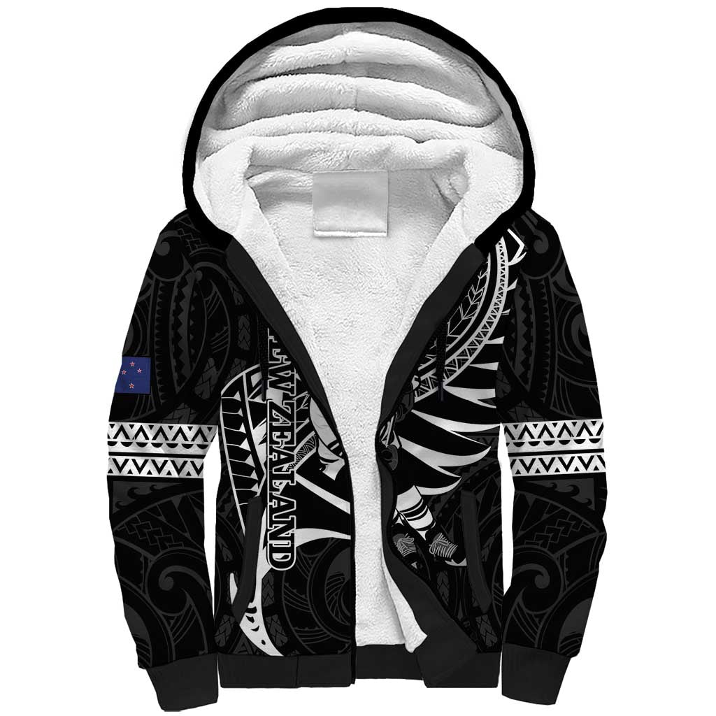 Custom Aotearoa Ice Hockey Sherpa Hoodie NZ Tiki Mascot - Maori Pattern LT14 Unisex Black - Polynesian Pride