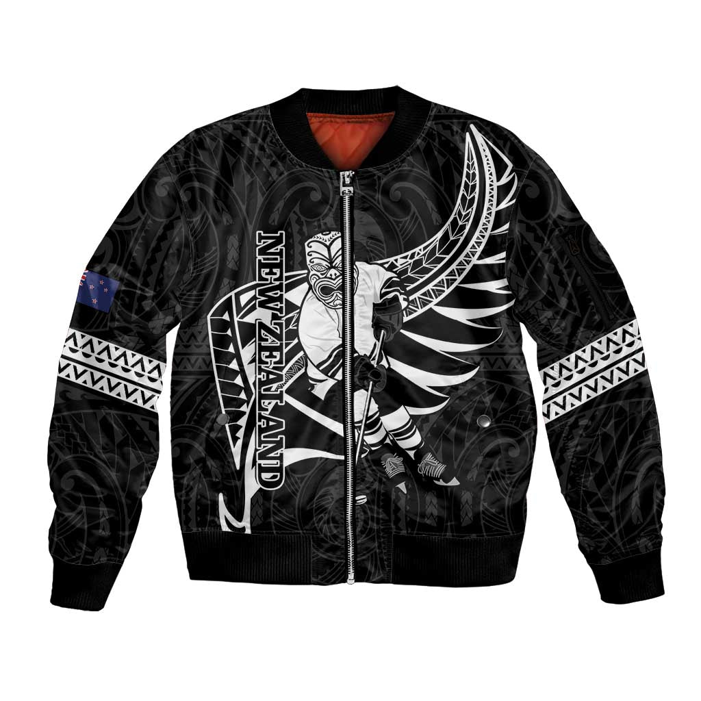 Custom Aotearoa Ice Hockey Sleeve Zip Bomber Jacket NZ Tiki Mascot - Maori Pattern