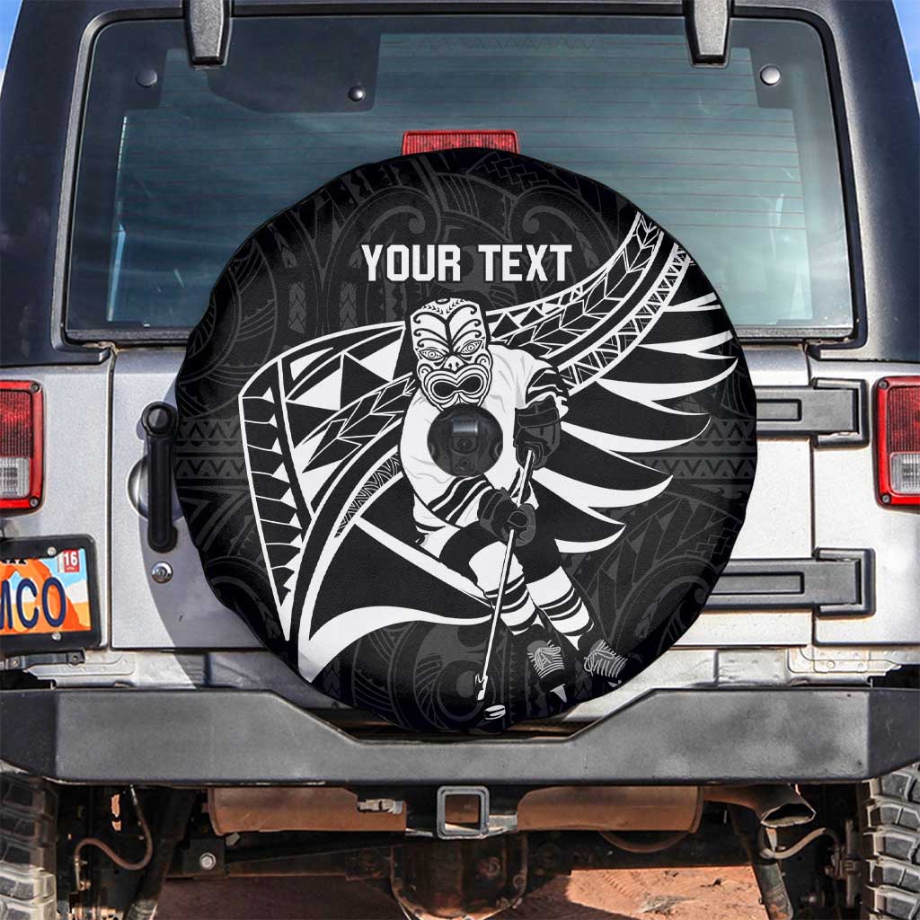 Custom Aotearoa Ice Hockey Spare Tire Cover NZ Tiki Mascot - Maori Pattern LT14 Black - Polynesian Pride