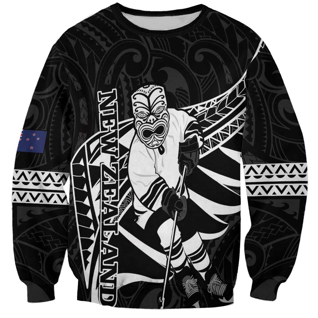 Custom Aotearoa Ice Hockey Sweatshirt NZ Tiki Mascot - Maori Pattern LT14 Unisex Black - Polynesian Pride