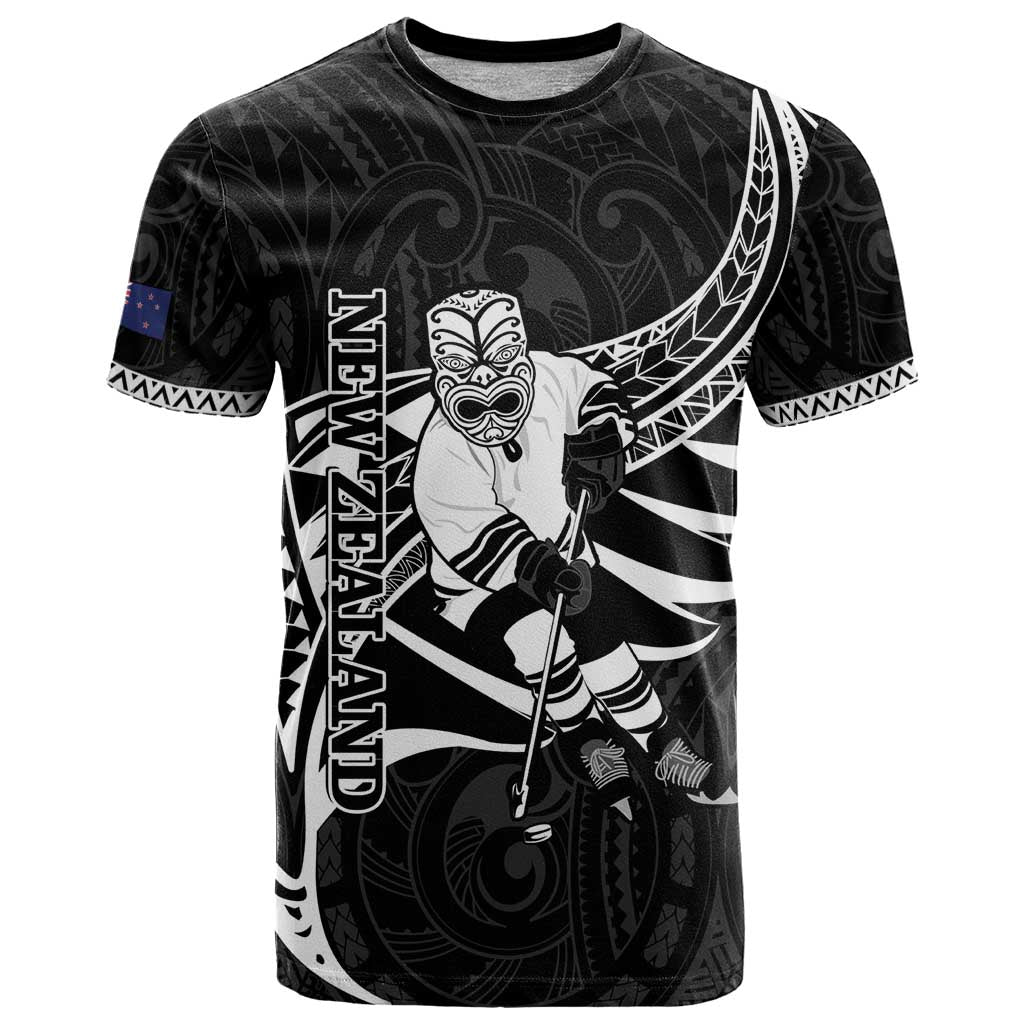 Custom Aotearoa Ice Hockey T Shirt NZ Tiki Mascot - Maori Pattern LT14 Black - Polynesian Pride
