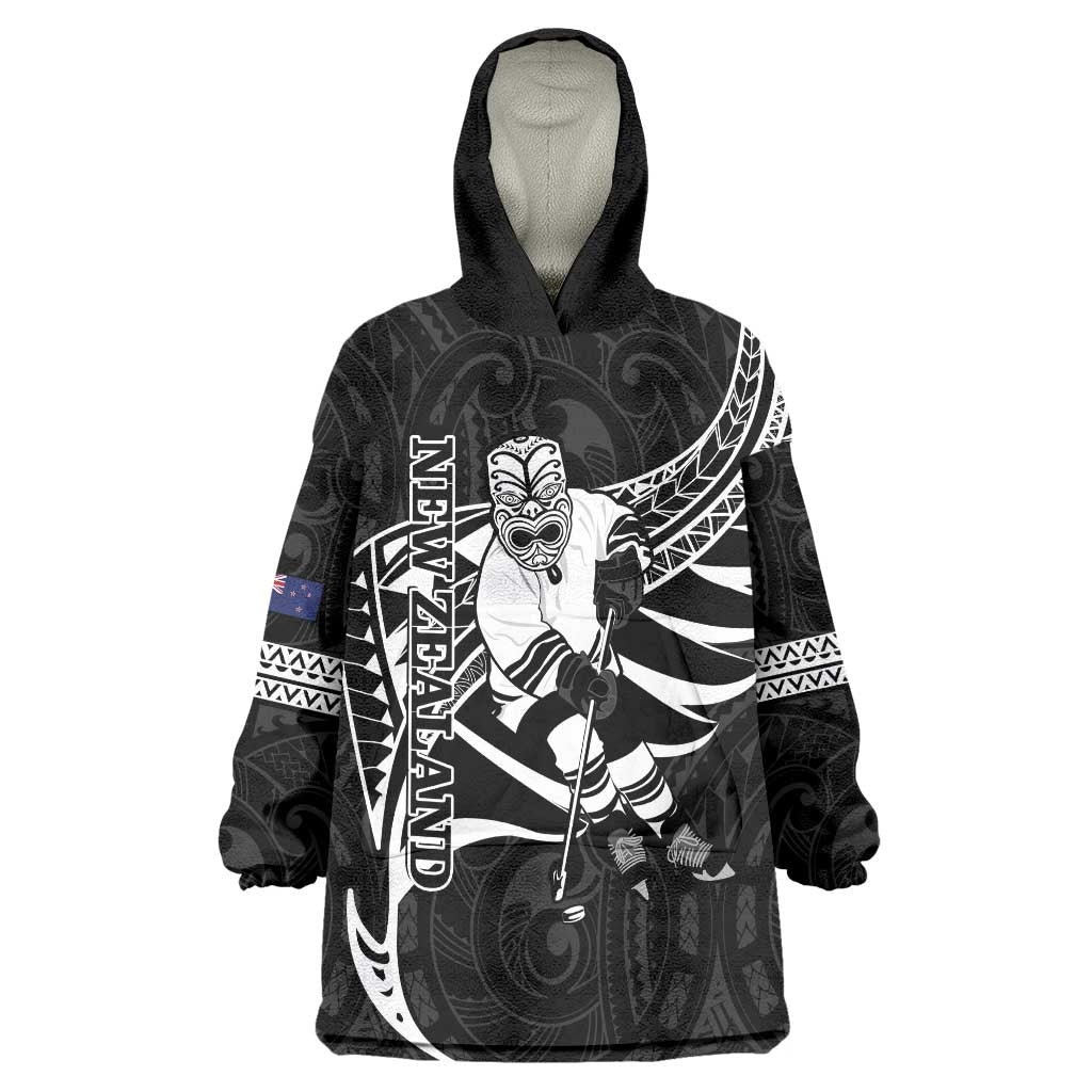 Custom Aotearoa Ice Hockey Wearable Blanket Hoodie NZ Tiki Mascot - Maori Pattern LT14 One Size Black - Polynesian Pride