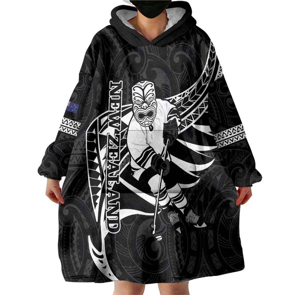 Custom Aotearoa Ice Hockey Wearable Blanket Hoodie NZ Tiki Mascot - Maori Pattern LT14 - Polynesian Pride