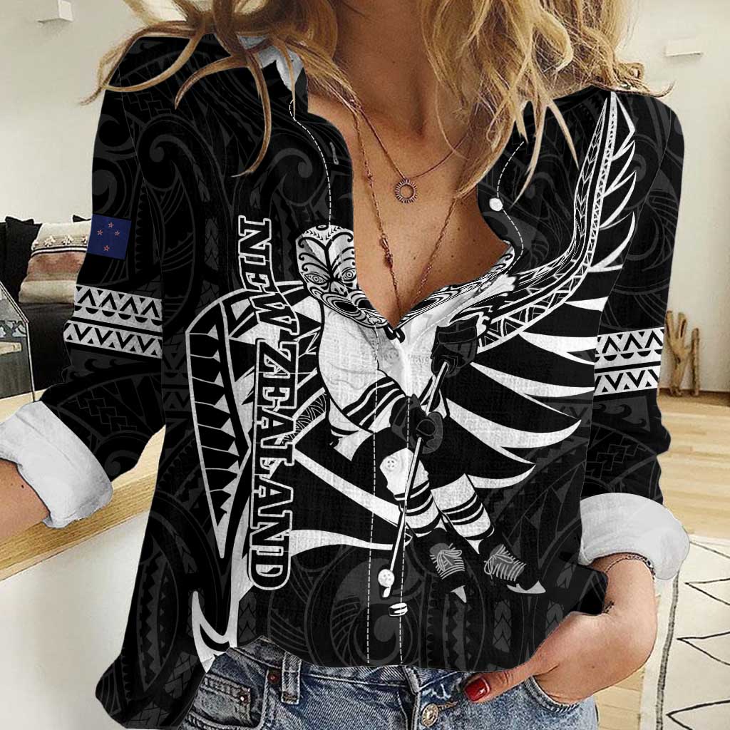 Custom Aotearoa Ice Hockey Women Casual Shirt NZ Tiki Mascot - Maori Pattern
