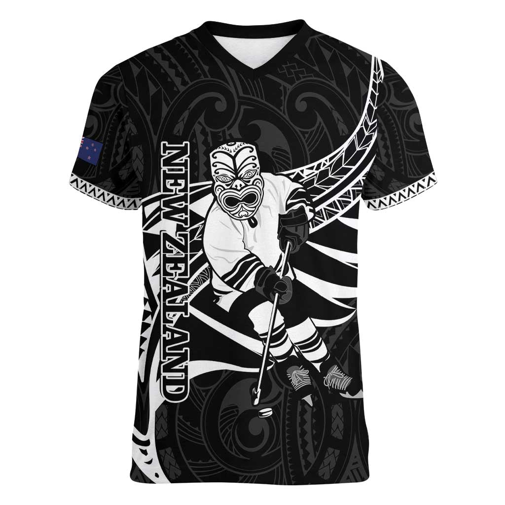 Custom Aotearoa Ice Hockey Women V-Neck T-Shirt NZ Tiki Mascot - Maori Pattern