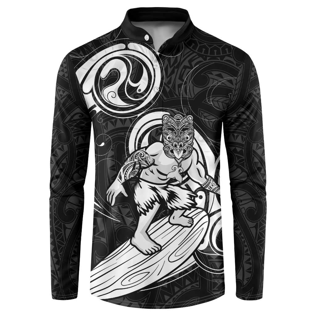 Personalised New Zealand Surfing Button Sweatshirt Aotearoa Maori Tiki Haka LT14 Black - Polynesian Pride