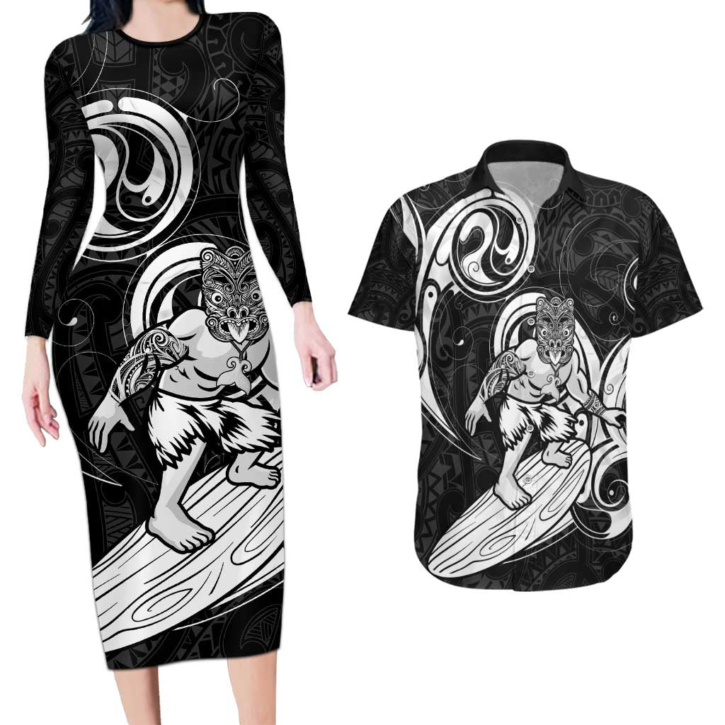 Personalised New Zealand Surfing Couples Matching Long Sleeve Bodycon Dress and Hawaiian Shirt Aotearoa Maori Tiki Haka