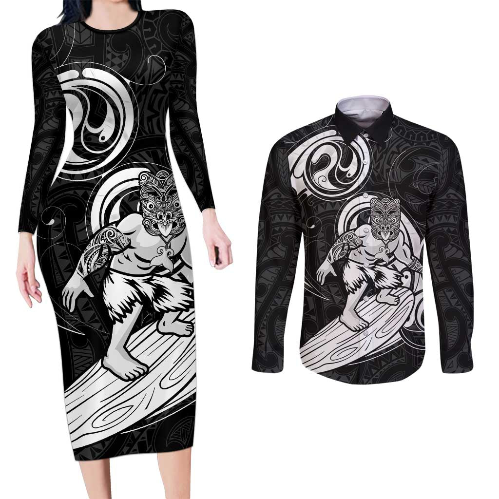 Personalised New Zealand Surfing Couples Matching Long Sleeve Bodycon Dress and Long Sleeve Button Shirt Aotearoa Maori Tiki Haka LT14 Black - Polynesian Pride
