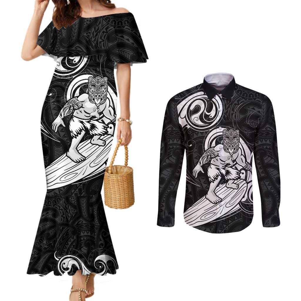 Personalised New Zealand Surfing Couples Matching Mermaid Dress and Long Sleeve Button Shirt Aotearoa Maori Tiki Haka LT14 Black - Polynesian Pride